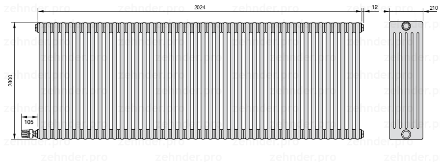 Схема (чертеж) Радиатор Zehnder Charleston 6280/44 №V003 Белый глянцевый RAL 9016
